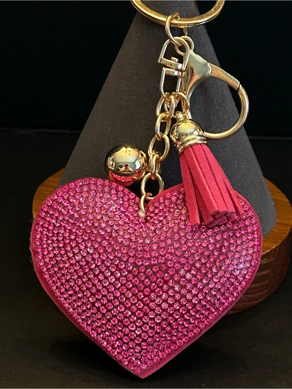 PREMIUM Puffy Hot Pink Crystal Heart 🩷 Bag Charm Keychain w/Tassel & Gold Clasps